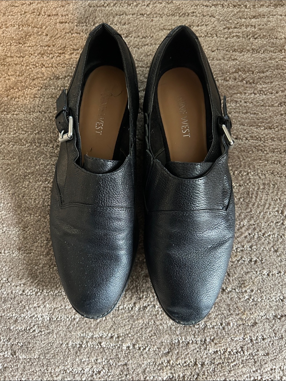 Nine West Black Leather Slip-On Loafers with Side Buckle